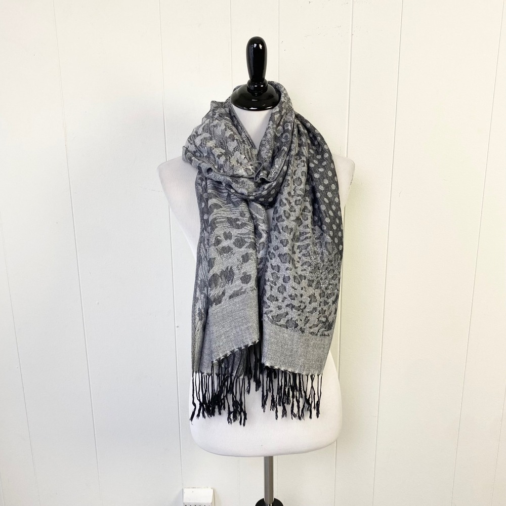 Pashmina Silk Scarf Shawl Gray Leopard Polka Dot Print Fringe Trim One Size